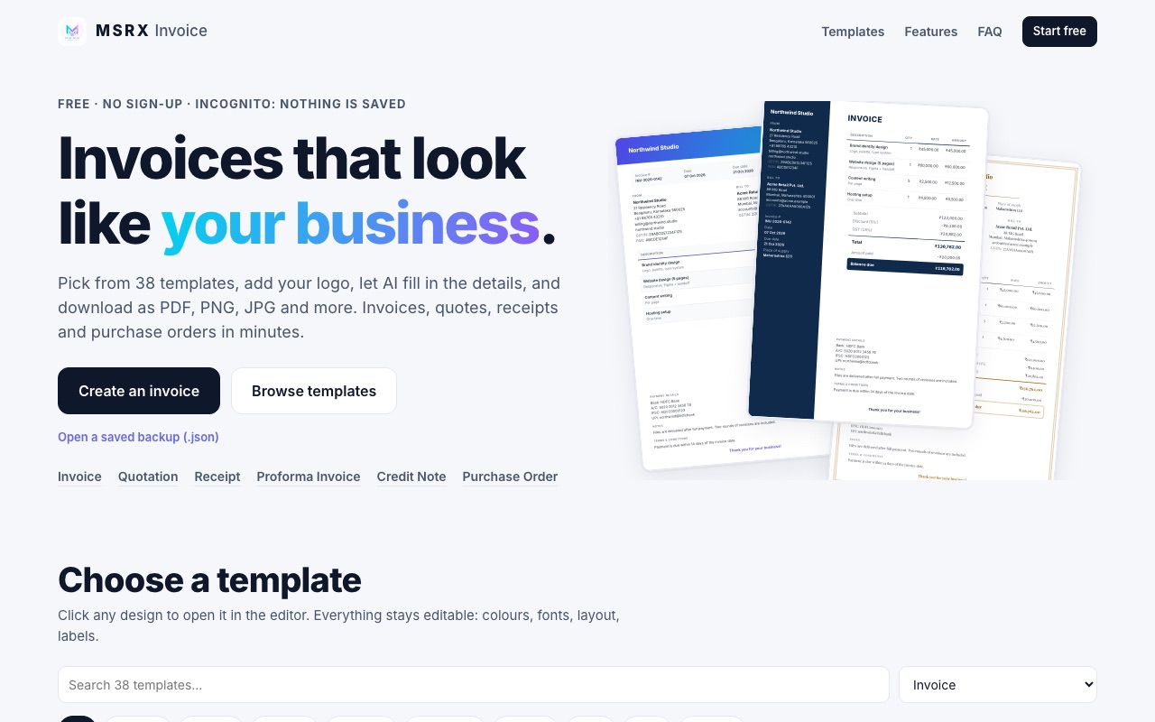 MSRX Invoice: home page and template gallery