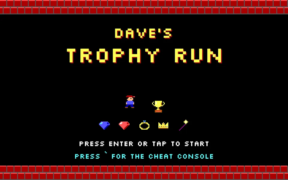 Title screen showing Dave, the trophy and the five treasures