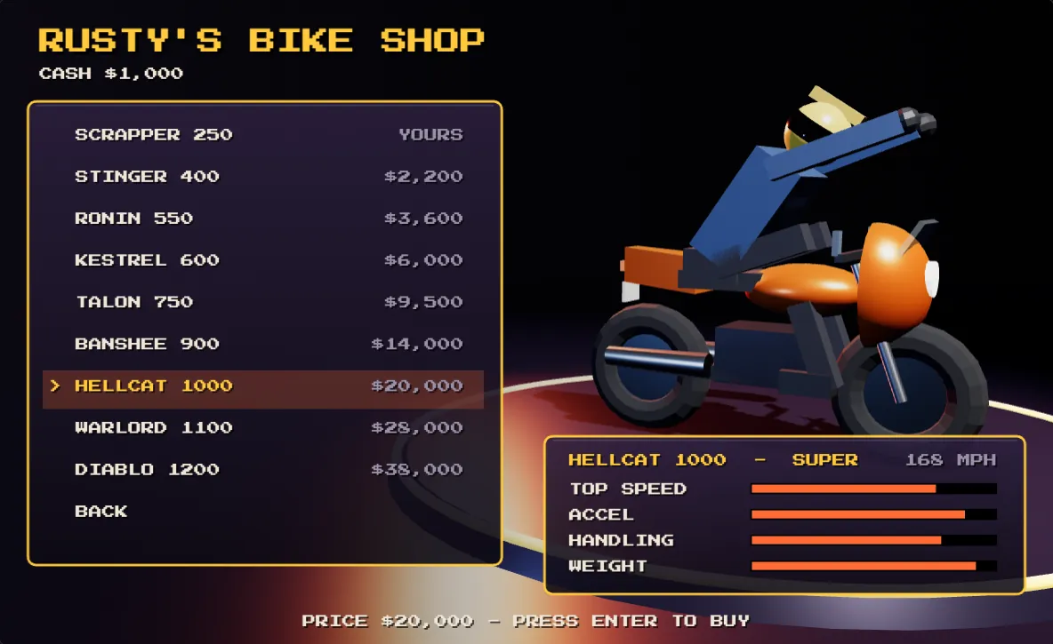 Rusty's Bike Shop with a 3D bike turning on a lit stand and its stats