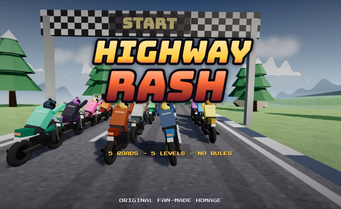 Title screen: the pack lined up under the start gantry in the mountains